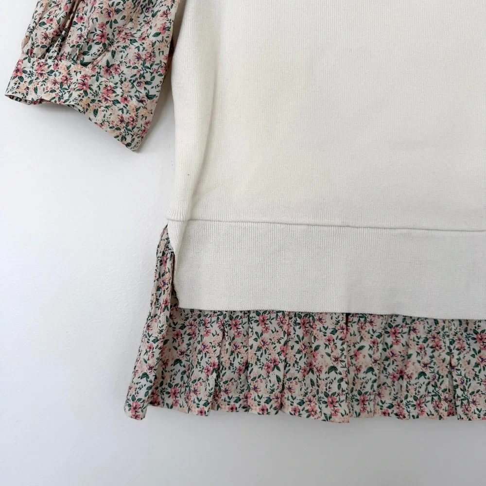 Anthropologie Puff Sleeve Floral Peplum Sweater Top Ivory Women's Size XS